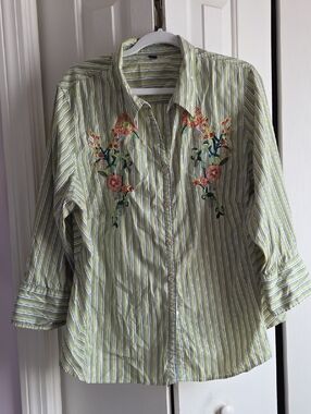 Avenue embroidered Green Striped Button-Up Shirt